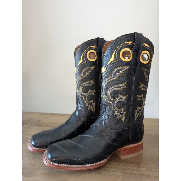 El General Western Boots Mens Size 7.5 Black Genuine Leather Exotic Square Toe - Picture 2 of 4